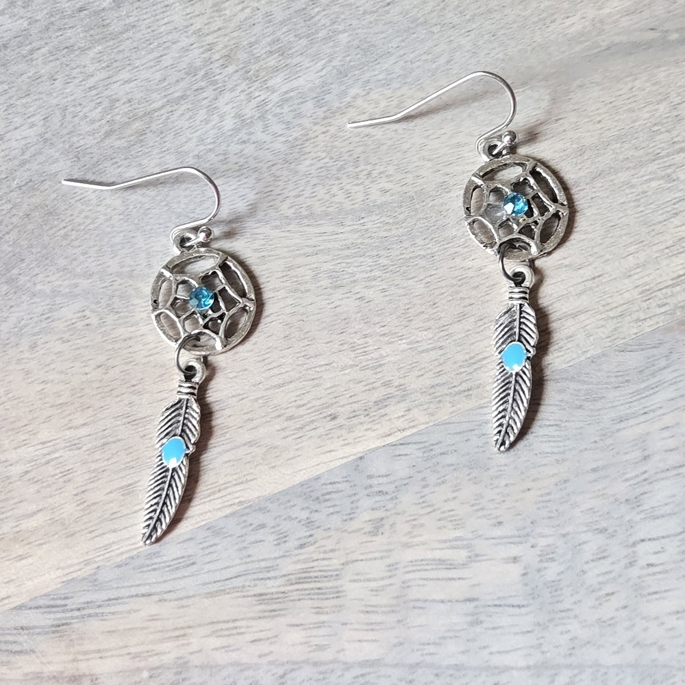 NWOT Silvertone and Blue Feather Earrings